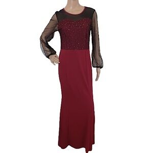 Red Black Formal Long Sleeve Pageant Wedding Guest Evening Gown Maxi Dress